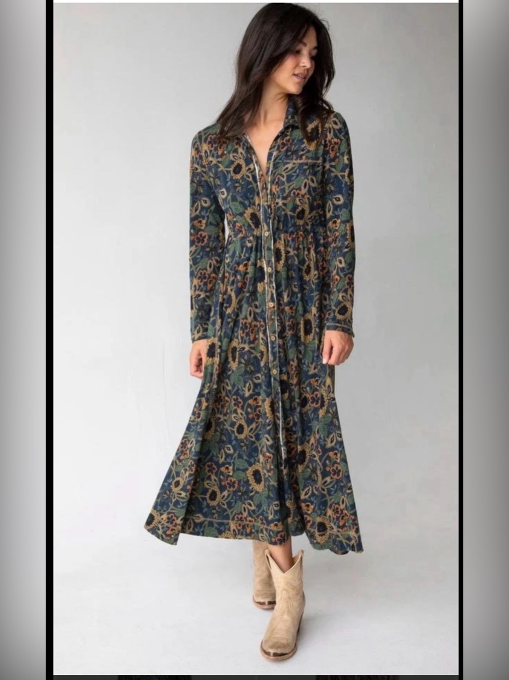 Natural Life Floral Button-Front Maxi Dress in Navy, Olive and Gold Size Large